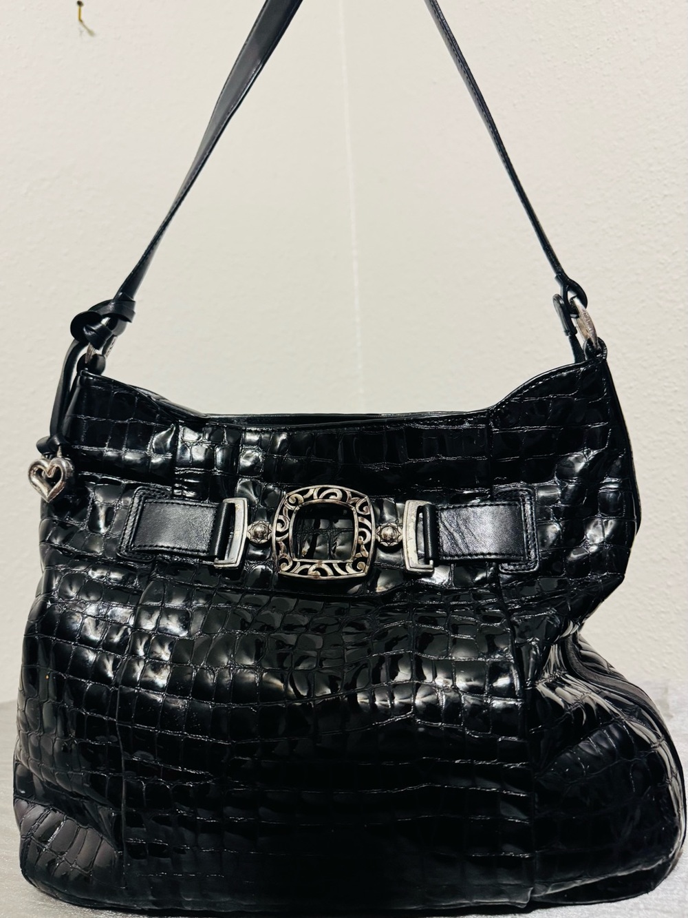 Brighton Black Croc-Embossed Shoulder Bag with Decorative Buckle